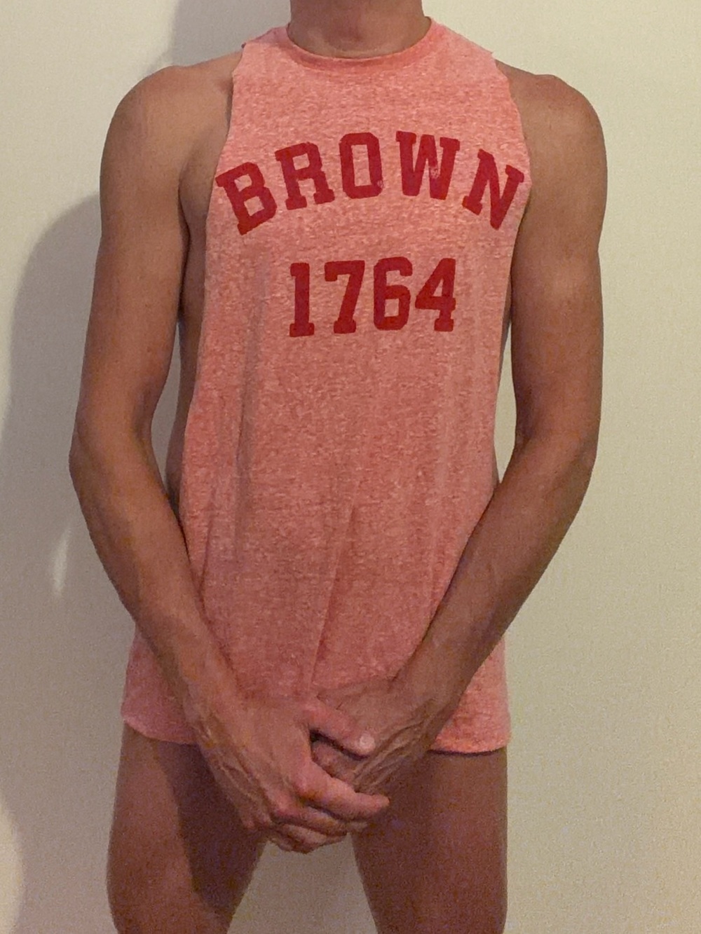 MV Sport Pink Heather Muscle Tank with Red Chest Print Brown University
